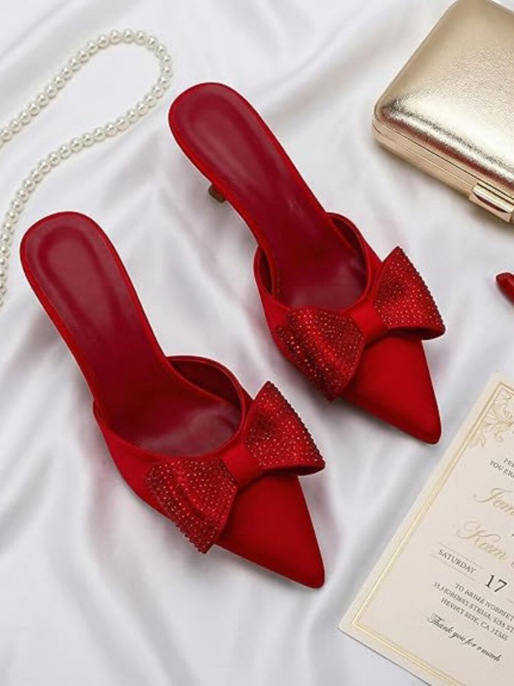 Tsrenlmln Rhinestone Bow Kitten Heel Mules - Pointed Toe Satin Finish Sandals